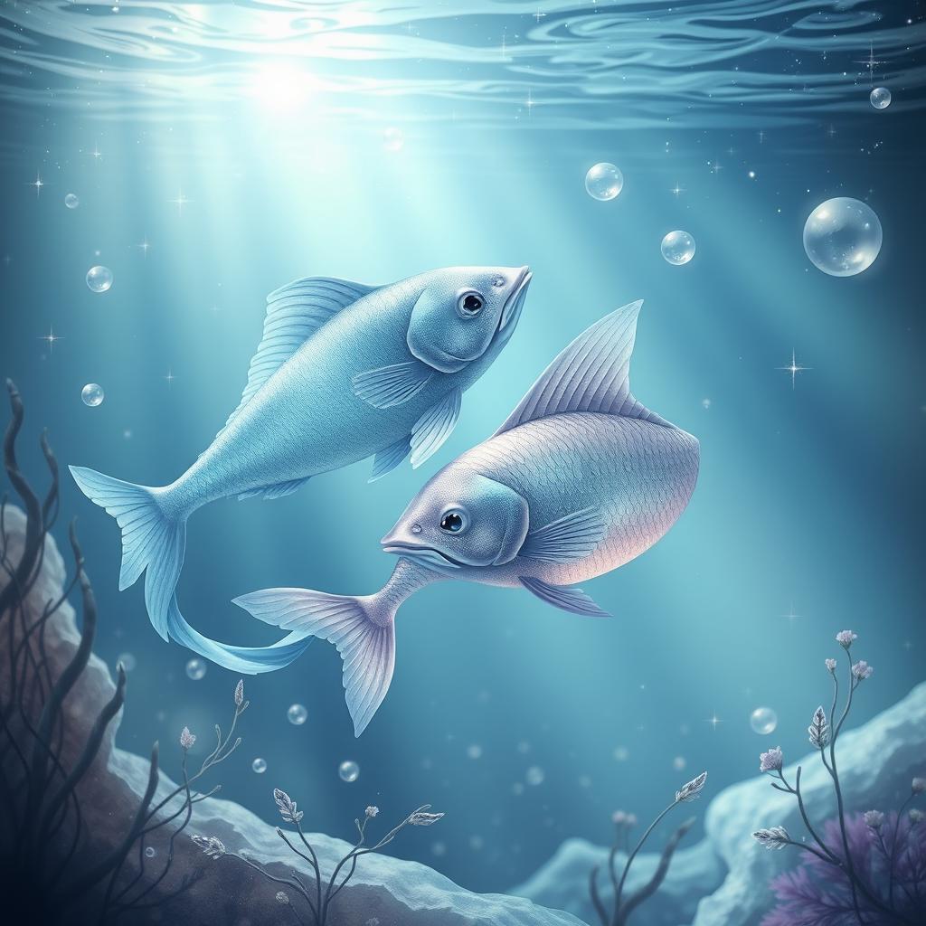 A mystical scene depicting the Pisces zodiac sign, represented by two elegant fish swimming in a serene underwater environment