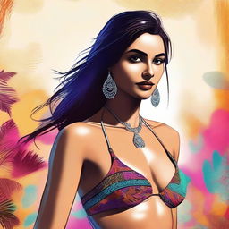 A high-quality digital art image featuring a confident Indian woman donning a stylish bikini