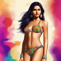 A high-quality digital art image featuring a confident Indian woman donning a stylish bikini