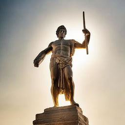 A classic Greek statue of a mighty hero, sword raised aloft, bathed in radiant golden sunlight casting dramatic shadows.