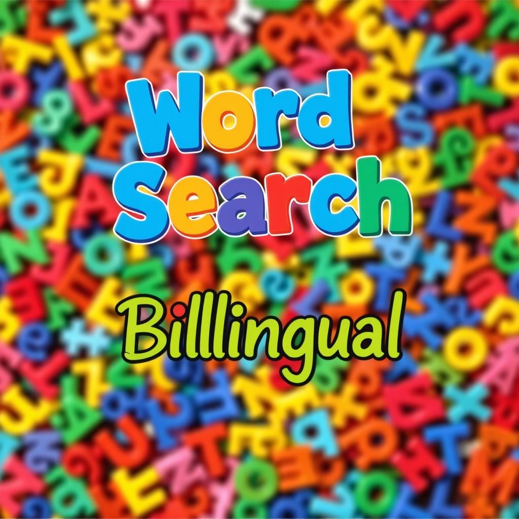 A vibrant and eye-catching cover design for a bilingual word search book