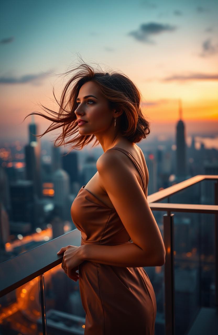 A glamorous scene depicting a stylish woman in her late 20s, wearing an elegant designer dress, standing on a luxurious balcony overlooking a stunning city skyline at sunset