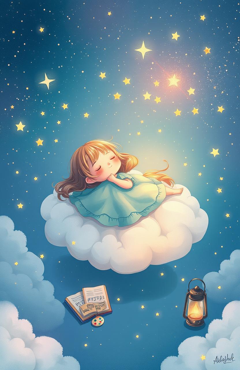 A whimsical illustration of a dreamy girl lying on a cloud, gazing at the stars while dreaming of her secret desires