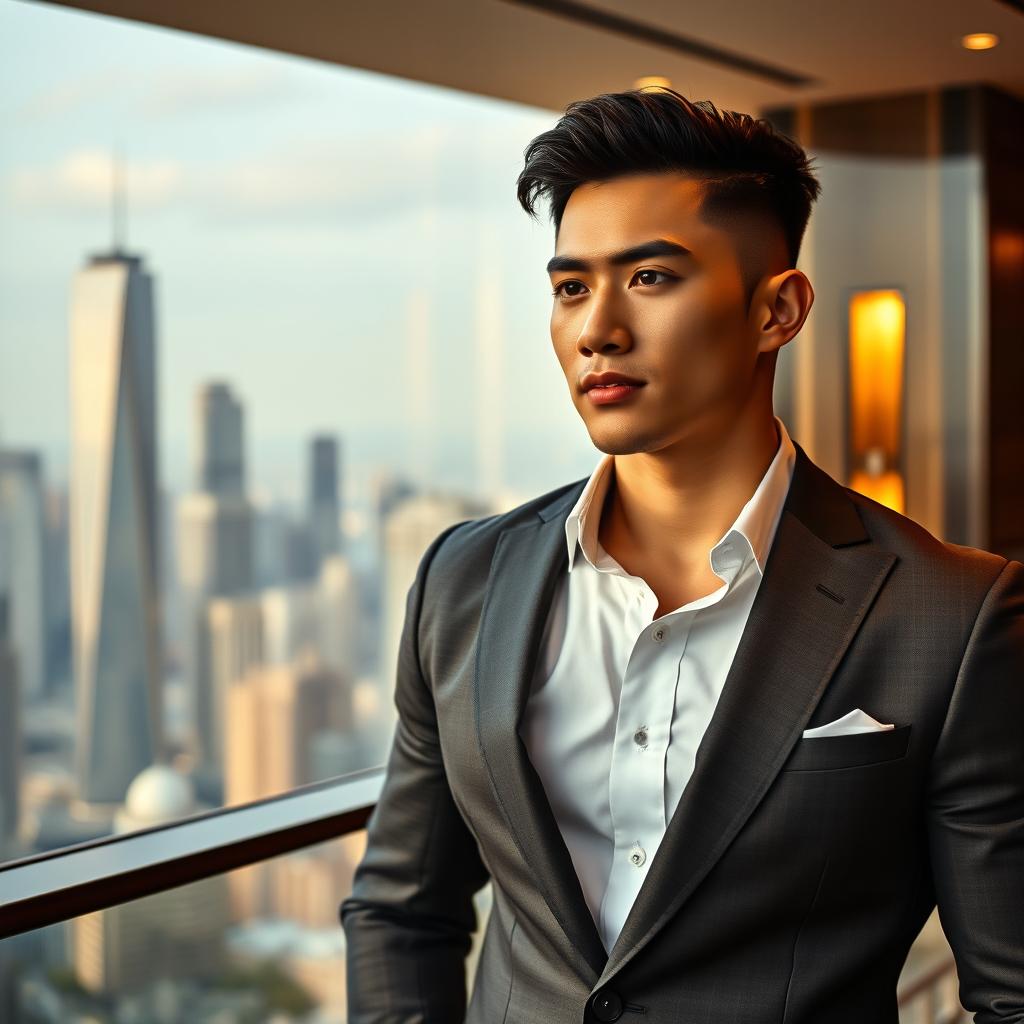 A portrait of a hot and handsome Asian billionaire, dressed in an elegant tailored suit that accentuates his athletic build