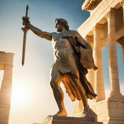 A classic Greek statue of a mighty hero, sword raised aloft, bathed in radiant golden sunlight casting dramatic shadows.