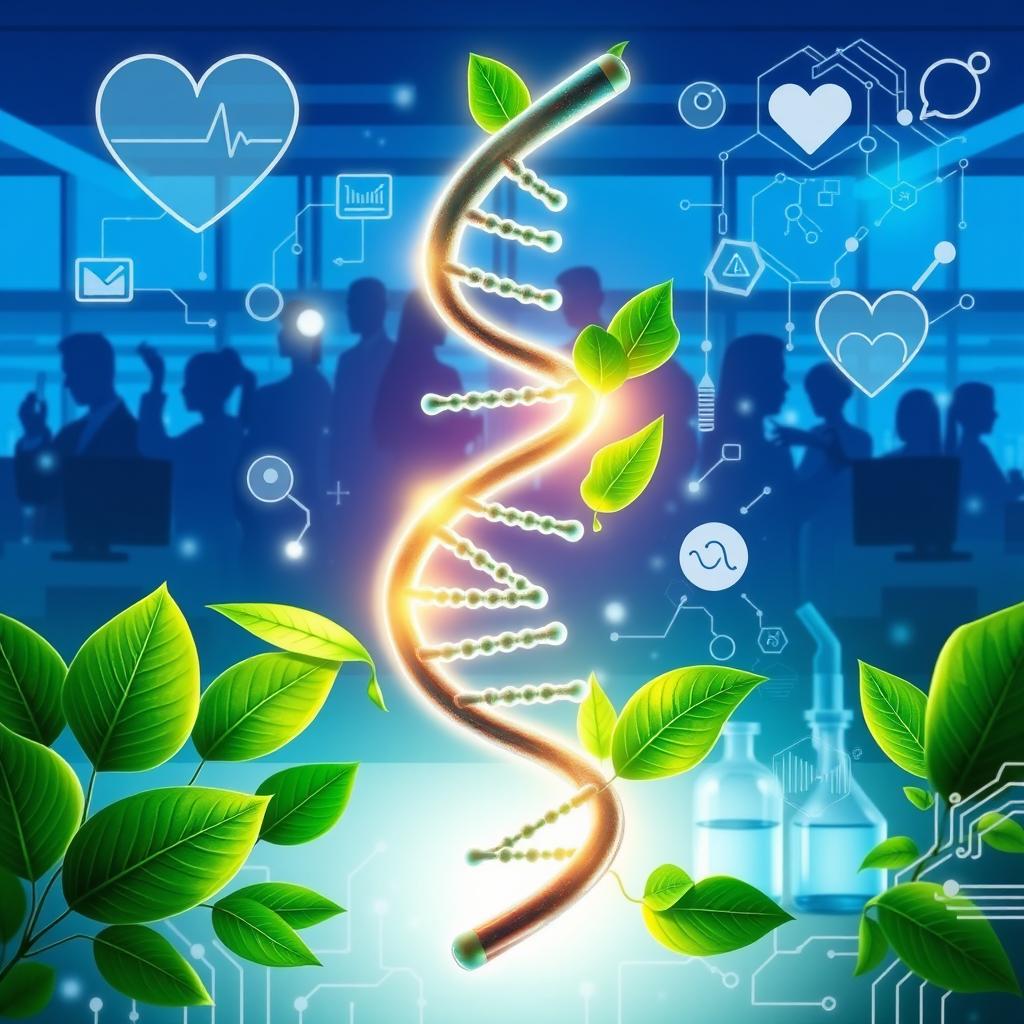 A vibrant and symbolic representation of health and science, featuring a glowing DNA helix intertwined with green leaves, symbolizing the intersection of nature and human biology