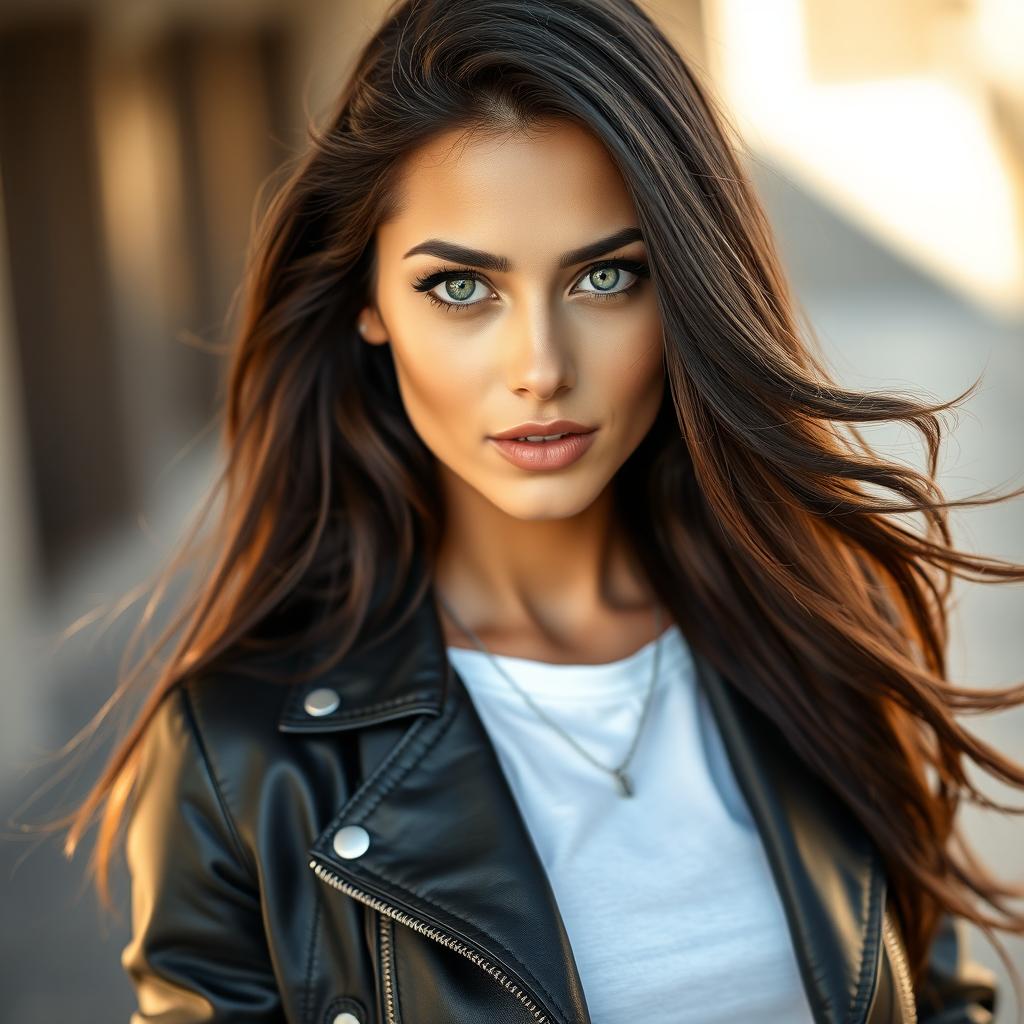 A stunning portrait of a confident and striking woman with long, flowing dark hair and captivating green eyes