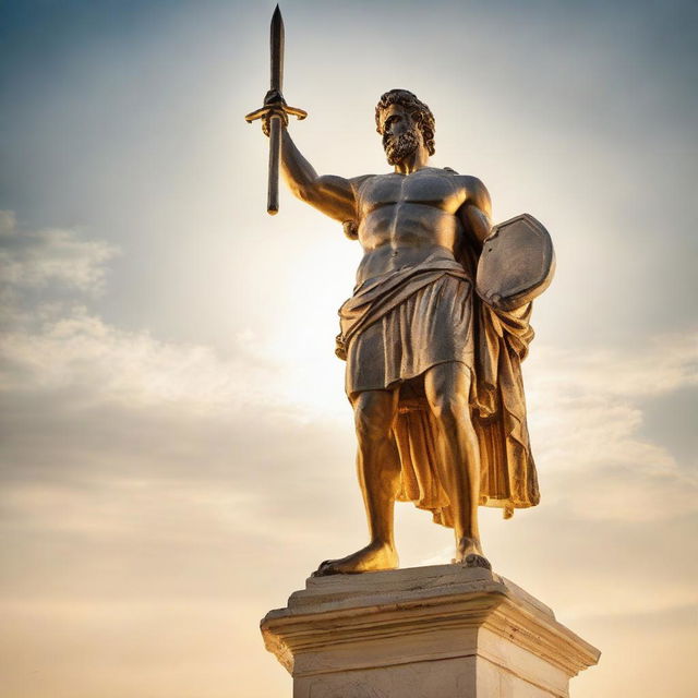 A classic Greek statue of a mighty hero, sword raised aloft, bathed in radiant golden sunlight casting dramatic shadows.