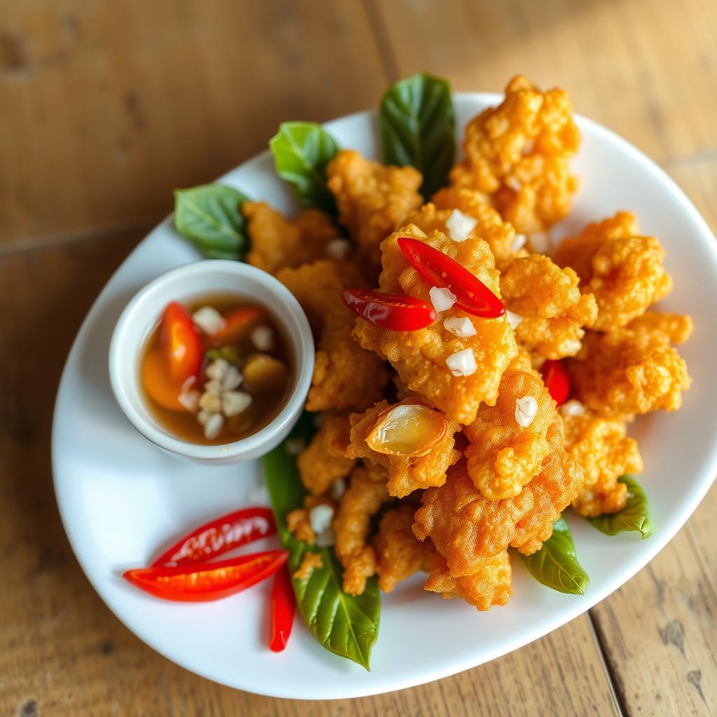 A beautifully arranged plate of malunggay (moringa) chicharon, showcasing crunchy, golden-brown deep-fried malunggay leaves coated in a light, crispy batter