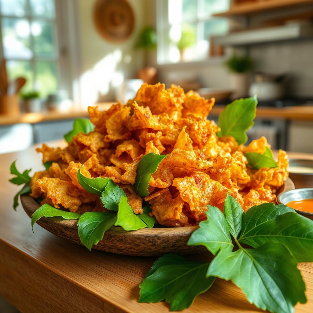 A close-up, artistic depiction of chicharon made from malunggay (moringa leaves)
