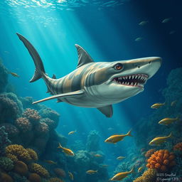 A striking illustration of an ancient shark swimming gracefully through a prehistoric ocean