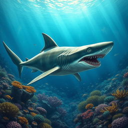 A striking illustration of an ancient shark swimming gracefully through a prehistoric ocean