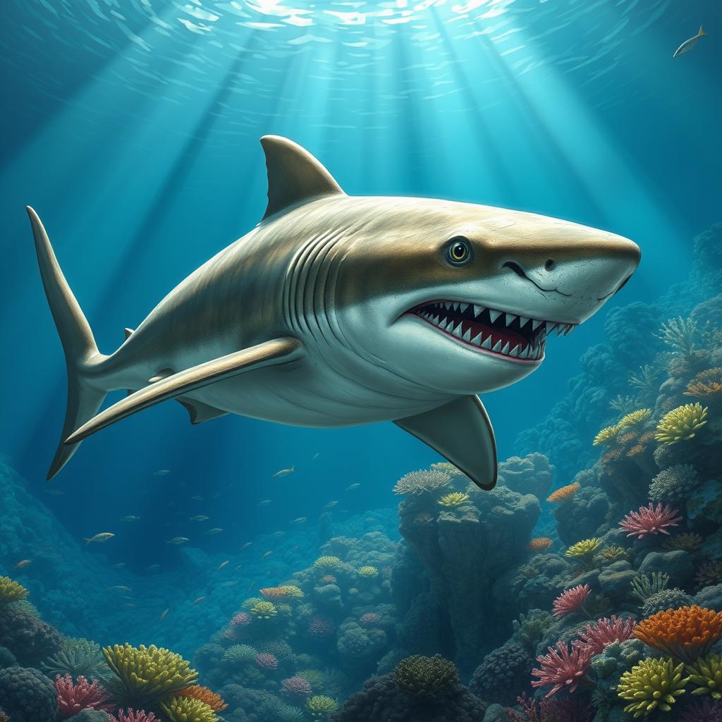 A striking illustration of an ancient shark swimming gracefully through a prehistoric ocean