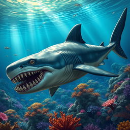 A striking illustration of an ancient shark swimming gracefully through a prehistoric ocean