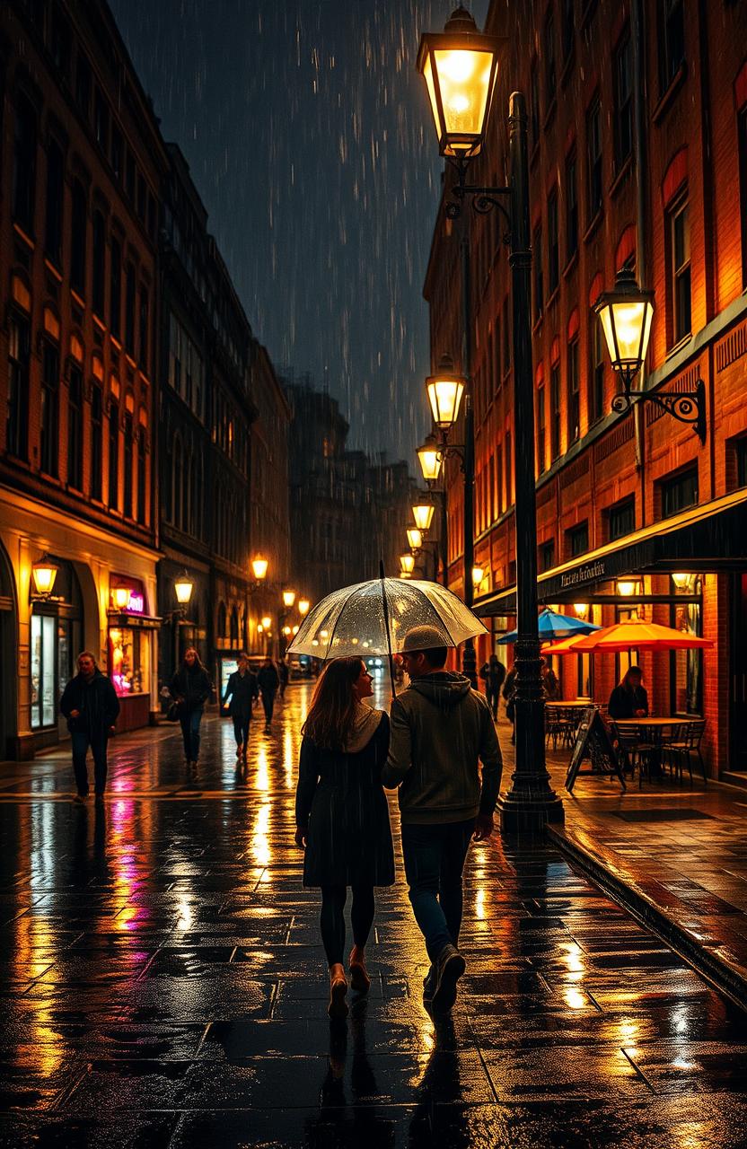 A serene urban scene depicting a gentle rain pouring on a vibrant city street at night, illuminated by vintage street lamps casting a warm, golden glow