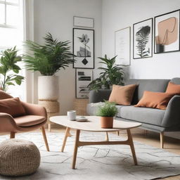 A modern and cozy living room interior decorated with Scandinavian style furniture, vibrant houseplants and curated artwork on the walls.