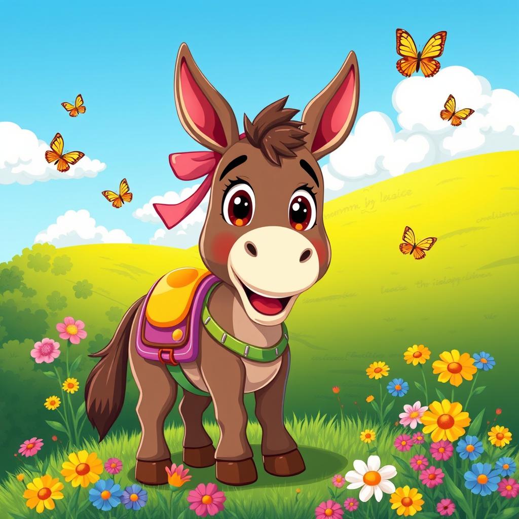 A bold and vibrant illustration of a cute anthropomorphized donkey, standing on a sunny hillside with lush greenery and colorful flowers around