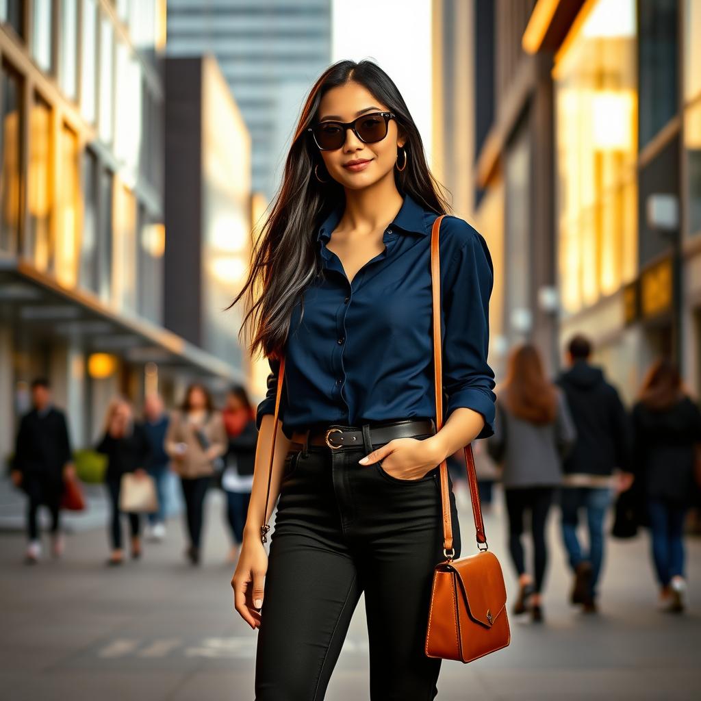 A fashionable young woman standing confidently on a city street, wearing a navy blue shirt tucked into high-waisted black jeans