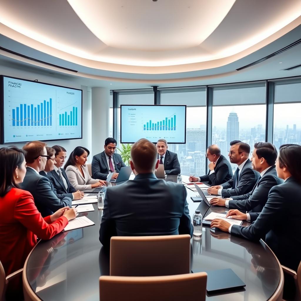 A professional meeting taking place in a modern conference room, featuring diverse attendees wearing business attire discussing financial policies