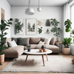 A modern and cozy living room interior decorated with Scandinavian style furniture, vibrant houseplants and curated artwork on the walls.