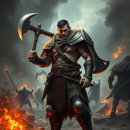 An epic fantasy warrior standing on a battlefield, dressed in detailed, rugged armor decorated with tribal motifs