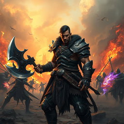 An epic fantasy warrior standing on a battlefield, dressed in detailed, rugged armor decorated with tribal motifs