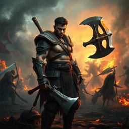 An epic fantasy warrior standing on a battlefield, dressed in detailed, rugged armor decorated with tribal motifs