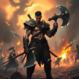 An epic fantasy warrior standing on a battlefield, dressed in detailed, rugged armor decorated with tribal motifs