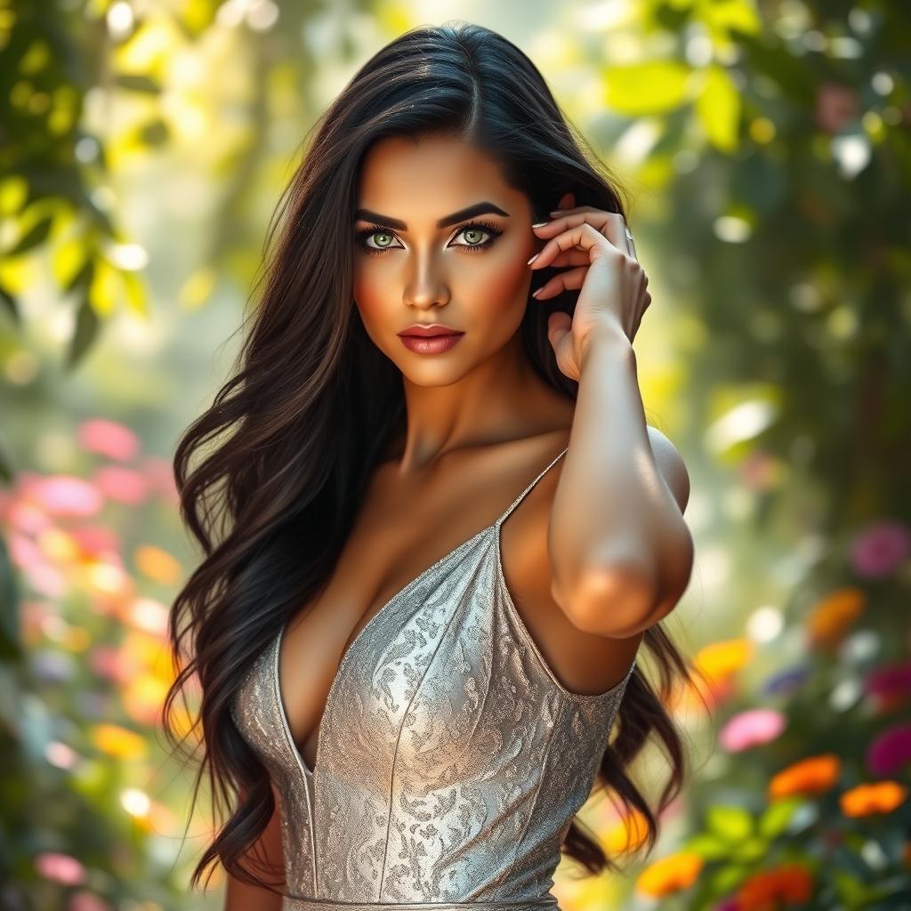 A stunning portrait of Natalia Seraphim, a beautiful woman with long, flowing black hair and piercing green eyes