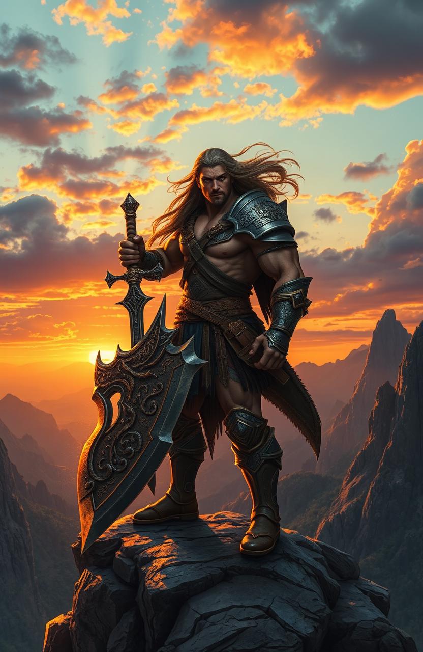 An epic fantasy warrior standing boldly on a rocky cliff, gripping a massive, intricately designed blade