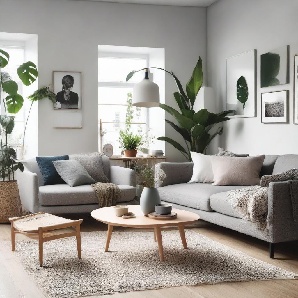 A modern and cozy living room interior decorated with Scandinavian style furniture, vibrant houseplants and curated artwork on the walls.