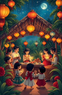 A serene and festive Christmas scene inspired by José Rizal's "Maligayang Pasko, Kabanata 8" from El Filibusterismo, featuring a traditional Filipino celebration