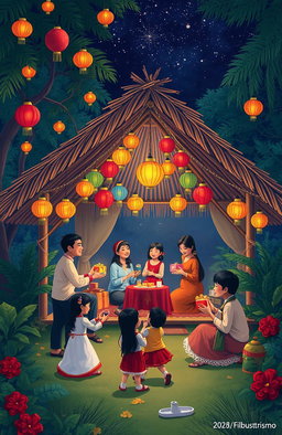 A serene and festive Christmas scene inspired by José Rizal's "Maligayang Pasko, Kabanata 8" from El Filibusterismo, featuring a traditional Filipino celebration