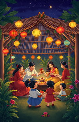 A serene and festive Christmas scene inspired by José Rizal's "Maligayang Pasko, Kabanata 8" from El Filibusterismo, featuring a traditional Filipino celebration