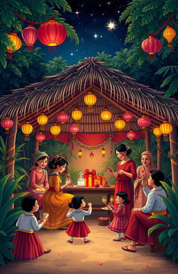 A serene and festive Christmas scene inspired by José Rizal's "Maligayang Pasko, Kabanata 8" from El Filibusterismo, featuring a traditional Filipino celebration