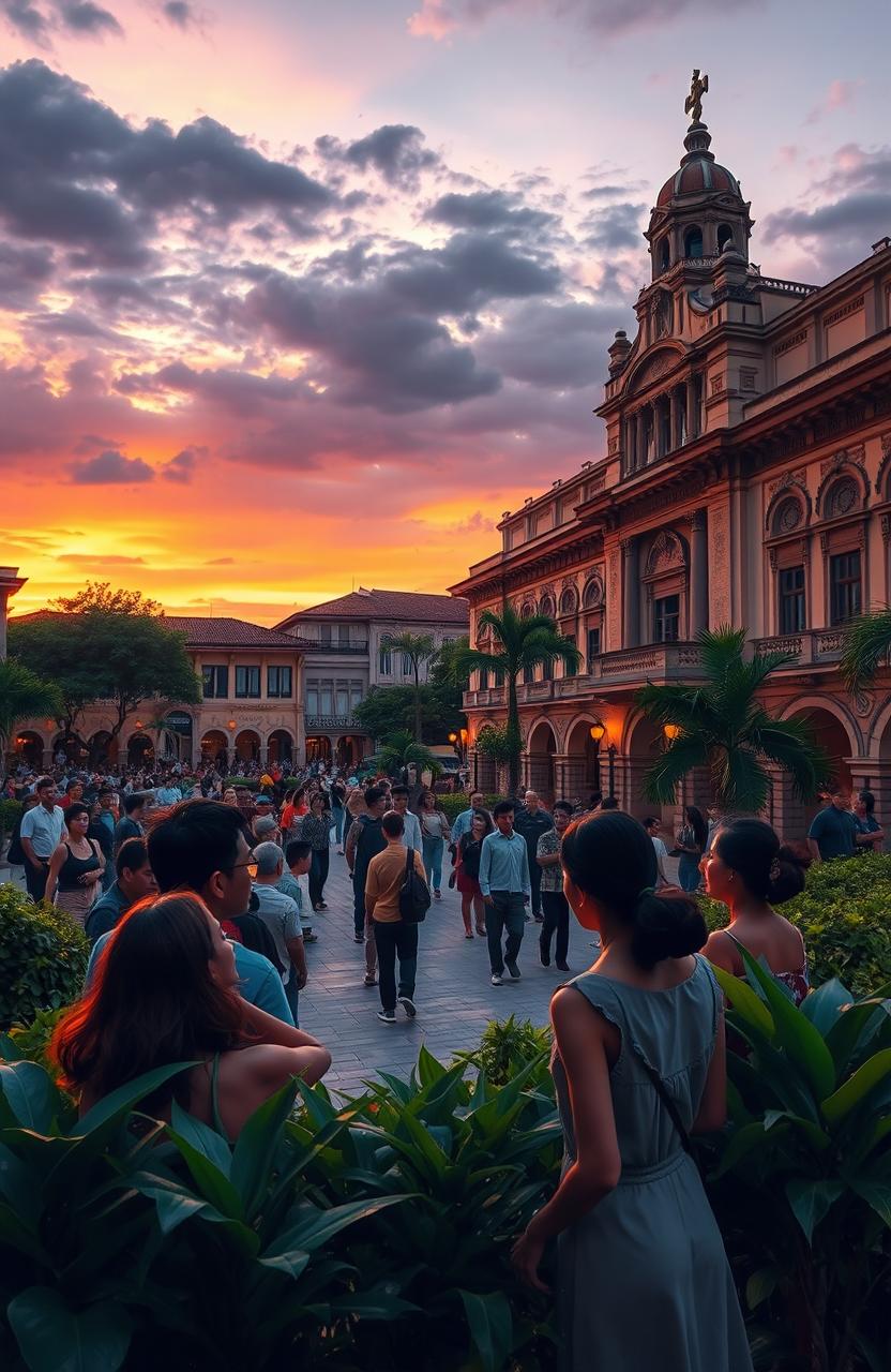 A serene and nostalgic landscape reflecting the themes from 'El Filibusterismo' by Jose Rizal, particularly from Chapter 8
