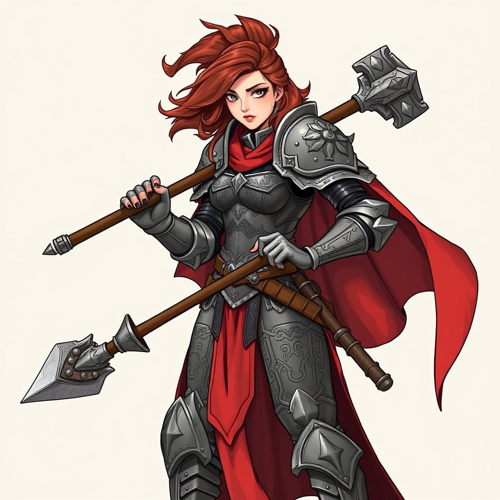 A fierce war-cleric woman, clad in intricate armor and holding a sturdy mace, striking a confident pose