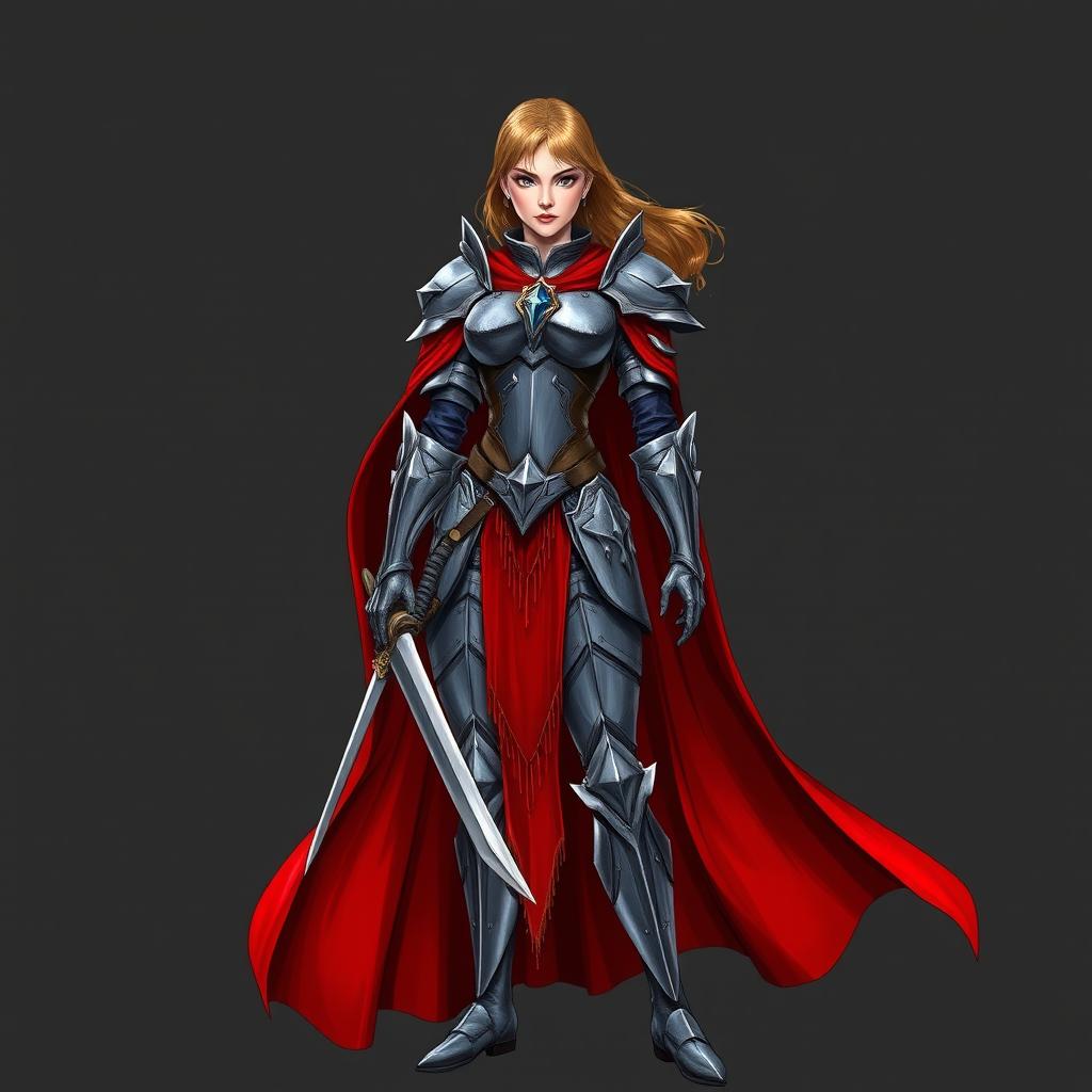 A powerful war-cleric woman, elegantly dressed in detailed armor, standing strong with a bold presence