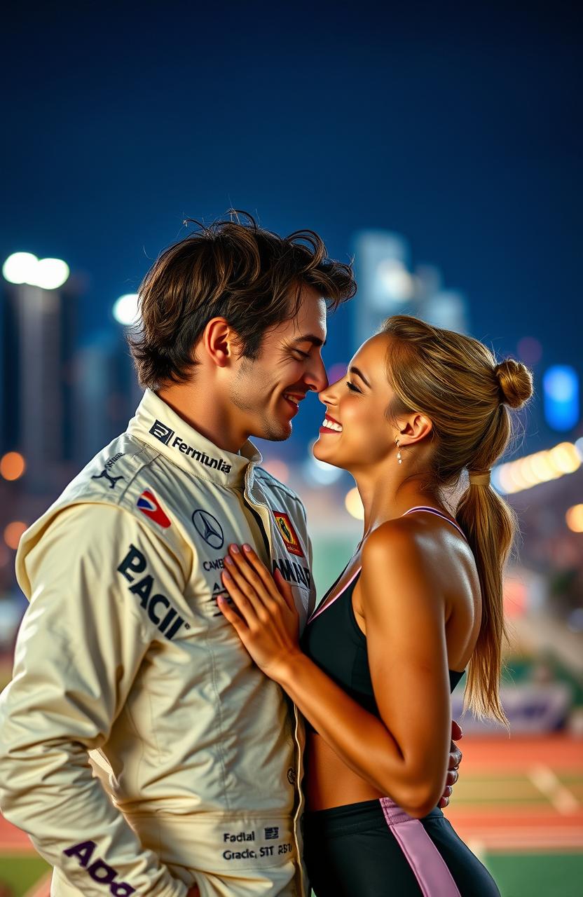 A romantic scene depicting a Formula 1 driver and a professional female tennis player sharing a passionate moment under the night sky filled with vibrant city lights