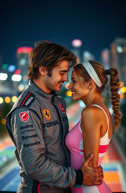 A romantic scene depicting a Formula 1 driver and a professional female tennis player sharing a passionate moment under the night sky filled with vibrant city lights