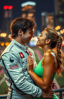 A romantic scene depicting a Formula 1 driver and a professional female tennis player sharing a passionate moment under the night sky filled with vibrant city lights