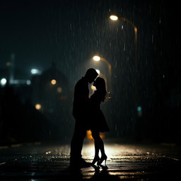 An evocative scene capturing the silhouettes of two lovers standing closely together under the rain at night