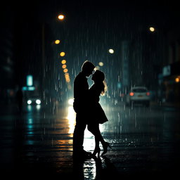An evocative scene capturing the silhouettes of two lovers standing closely together under the rain at night