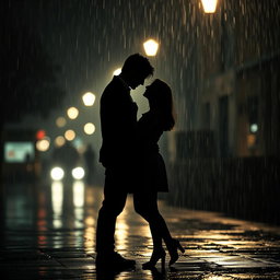 An evocative scene capturing the silhouettes of two lovers standing closely together under the rain at night