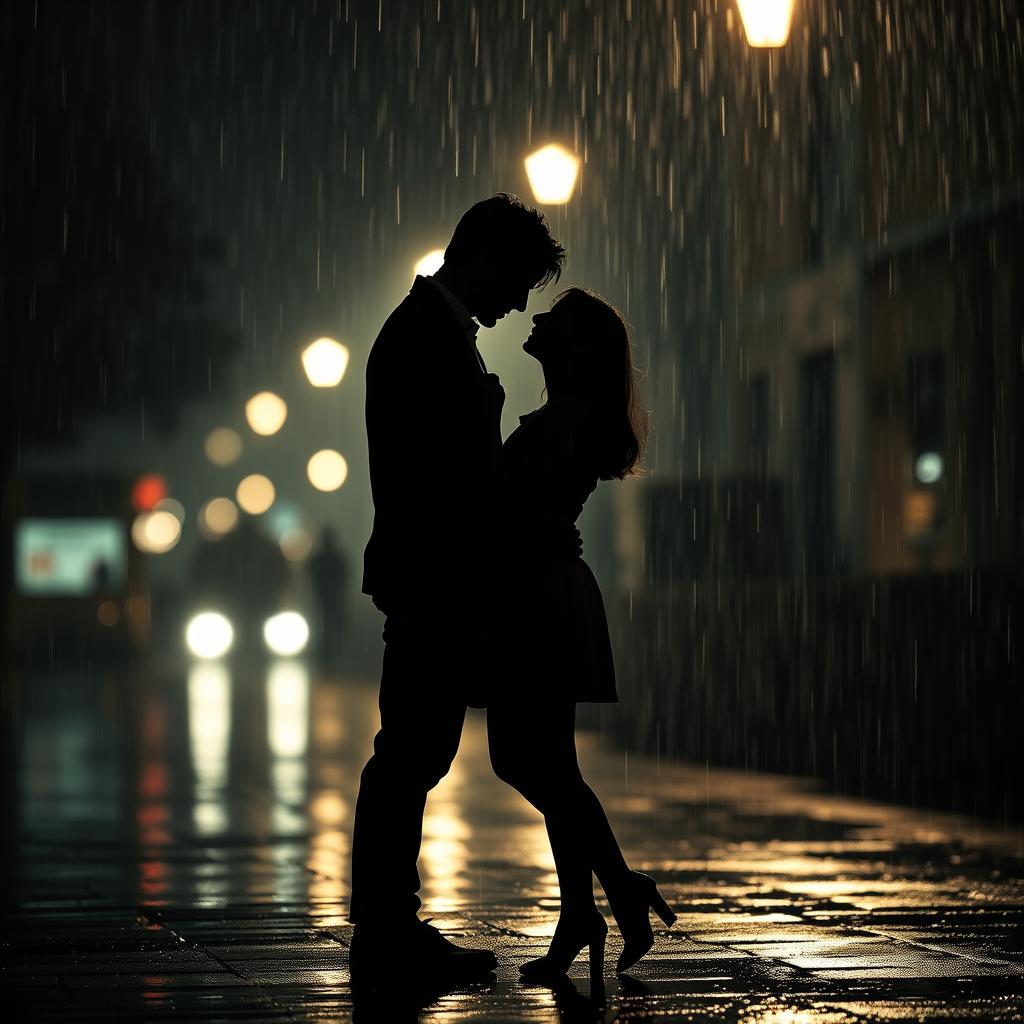 An evocative scene capturing the silhouettes of two lovers standing closely together under the rain at night