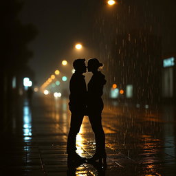 An evocative scene capturing the silhouettes of two lovers standing closely together under the rain at night