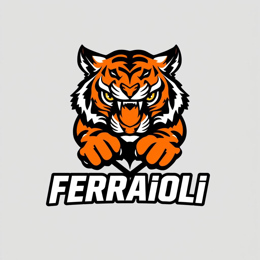 Logo design for a sports brand named 'Ferraioli', featuring a fierce and dynamic tiger symbolizing strength and agility
