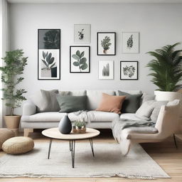 A modern and cozy living room interior decorated with Scandinavian style furniture, vibrant houseplants and curated artwork on the walls.