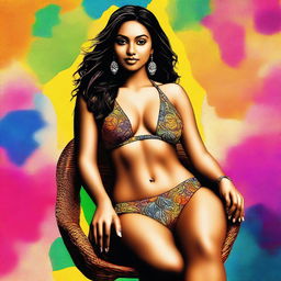 A high-quality digital art image presenting a confident Indian woman in a stylish bikini, seated on a chair with legs comfortably apart