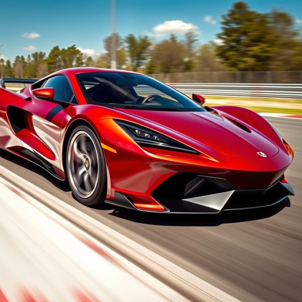 A sleek, modern sports car with aerodynamic curves and a shiny metallic red exterior